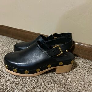 Charlotte Stone Black and Gold Mules with Wooden Sole